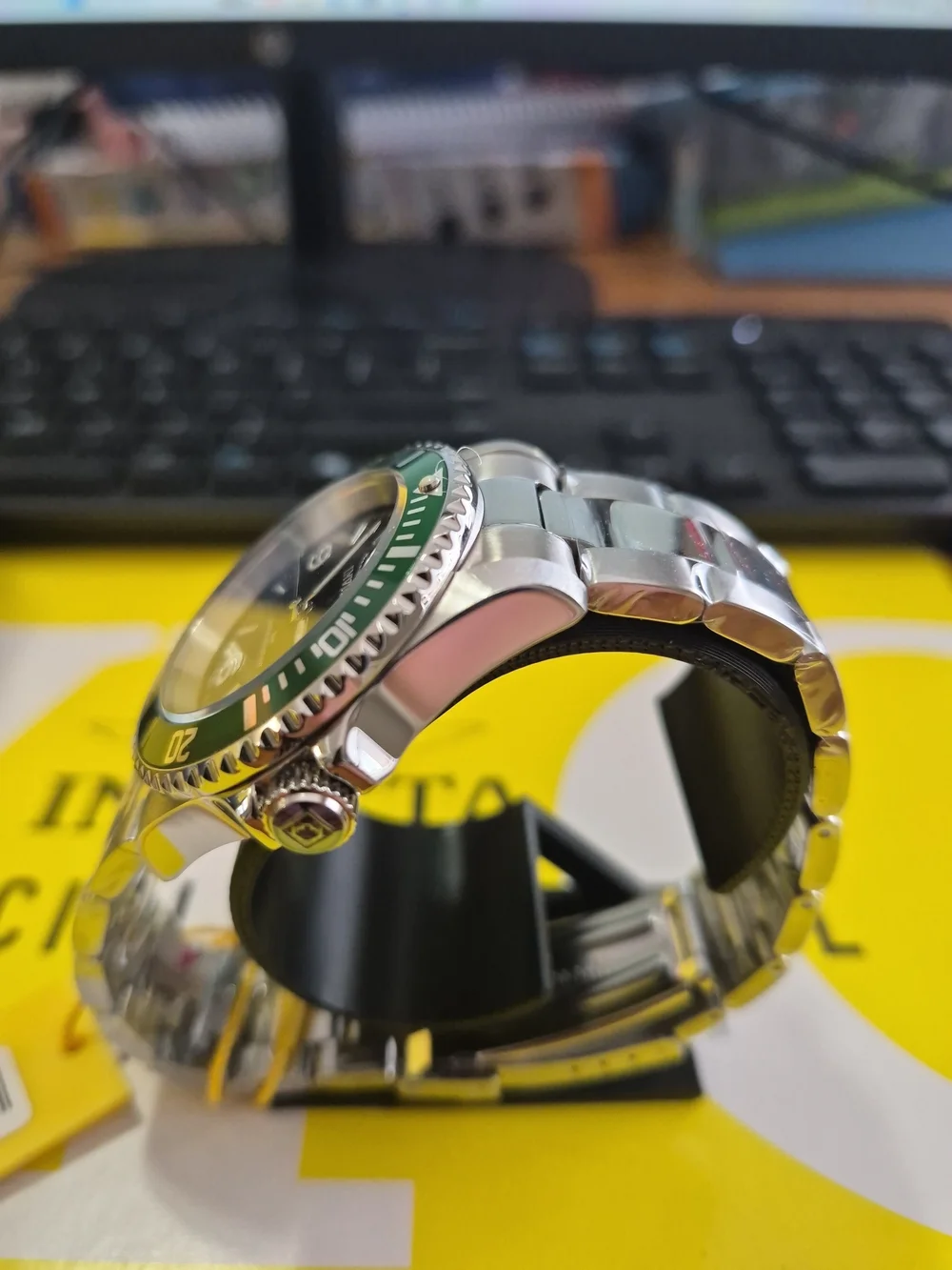 Invicta Men's Stainless Steel Watch with Green Bezel and Black Dial